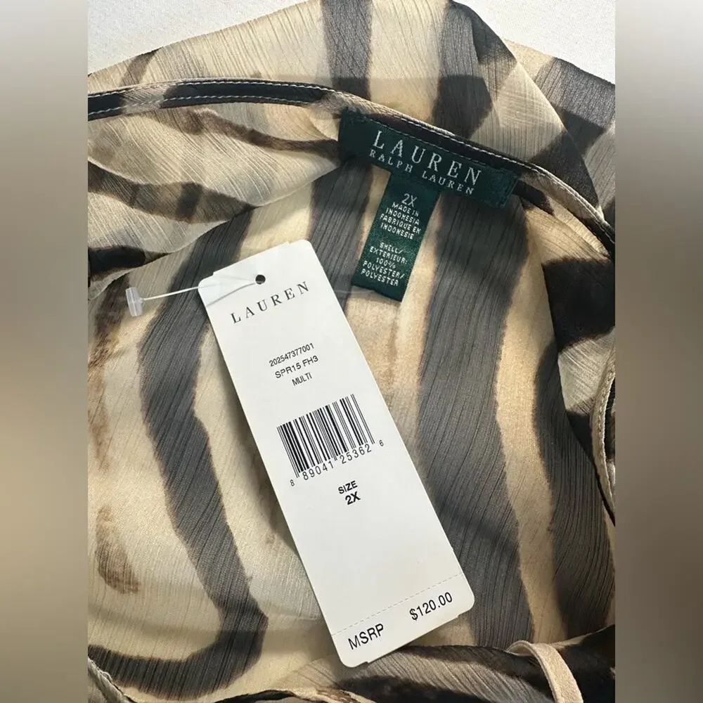 NWT Lauren Ralph Lauren Zebra V-neck Tie In Front Tunic Size 2X With Cami Beachy
